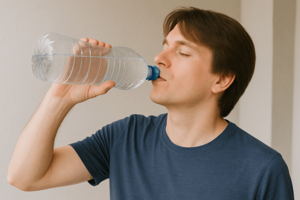 2リットルに水を飲んでいる男性