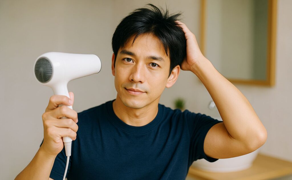 写真:髪の毛を乾かしている男性