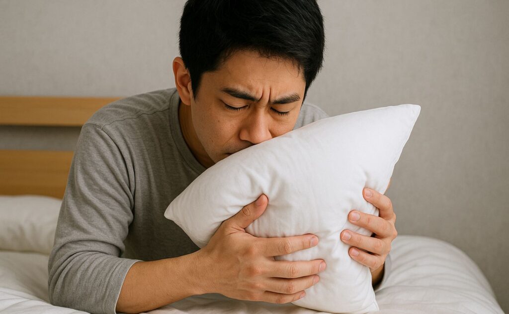 写真:加齢臭を気にして枕の臭いを嗅いでいるシーン