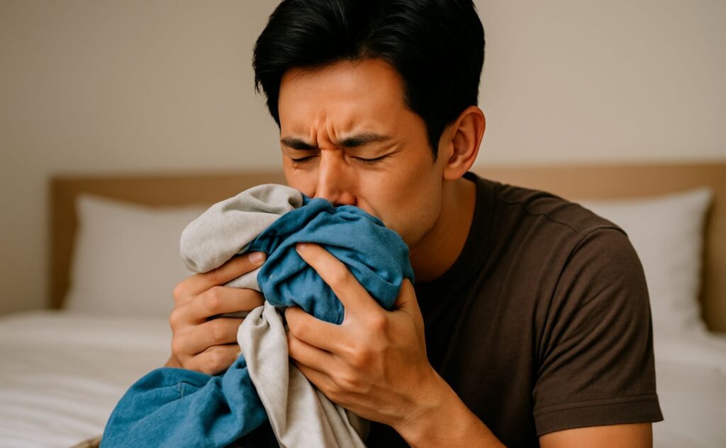 写真:洗濯物を嗅いで、加齢臭で臭いと感じて男性