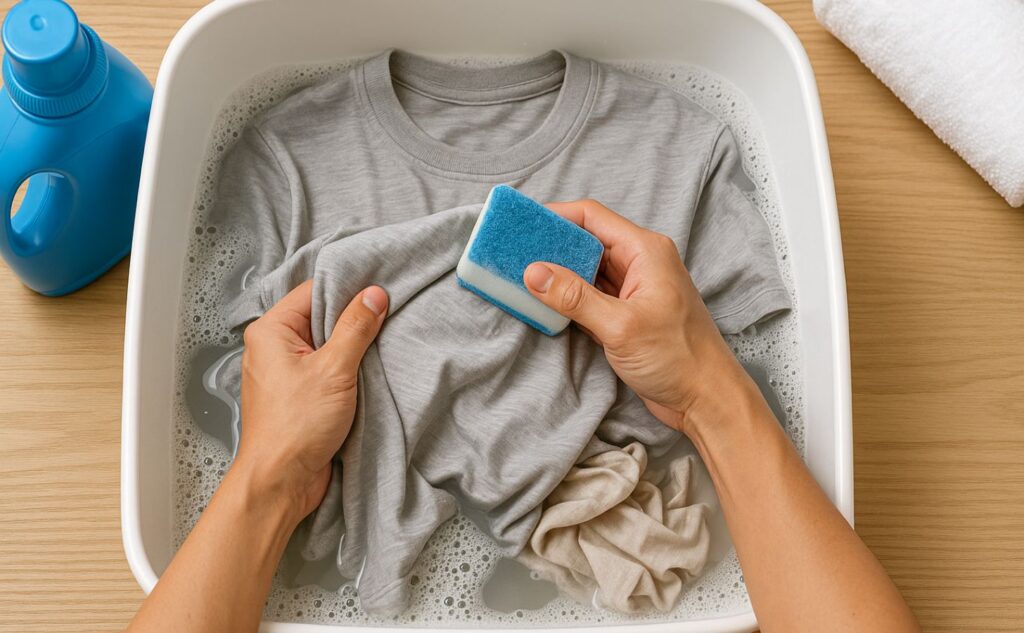 写真:加齢臭対策で、浸け置き洗いをしているTシャツ