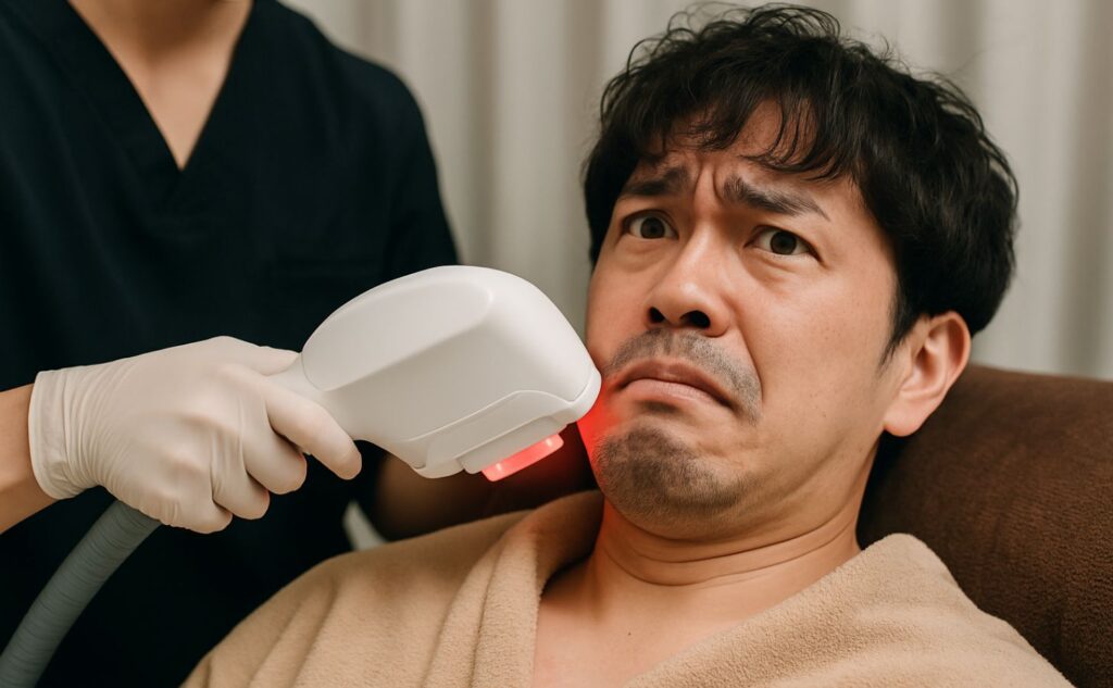 写真:ヒゲ脱毛のレーザー照射を怖がっている男性