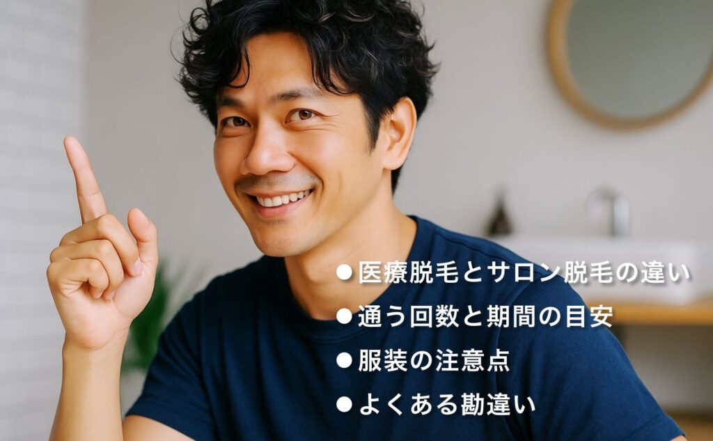⚫︎医療脱毛とサロン脱毛の違い⚫︎通う回数と期間の目安⚫︎服装の注意点⚫︎よくある勘違い