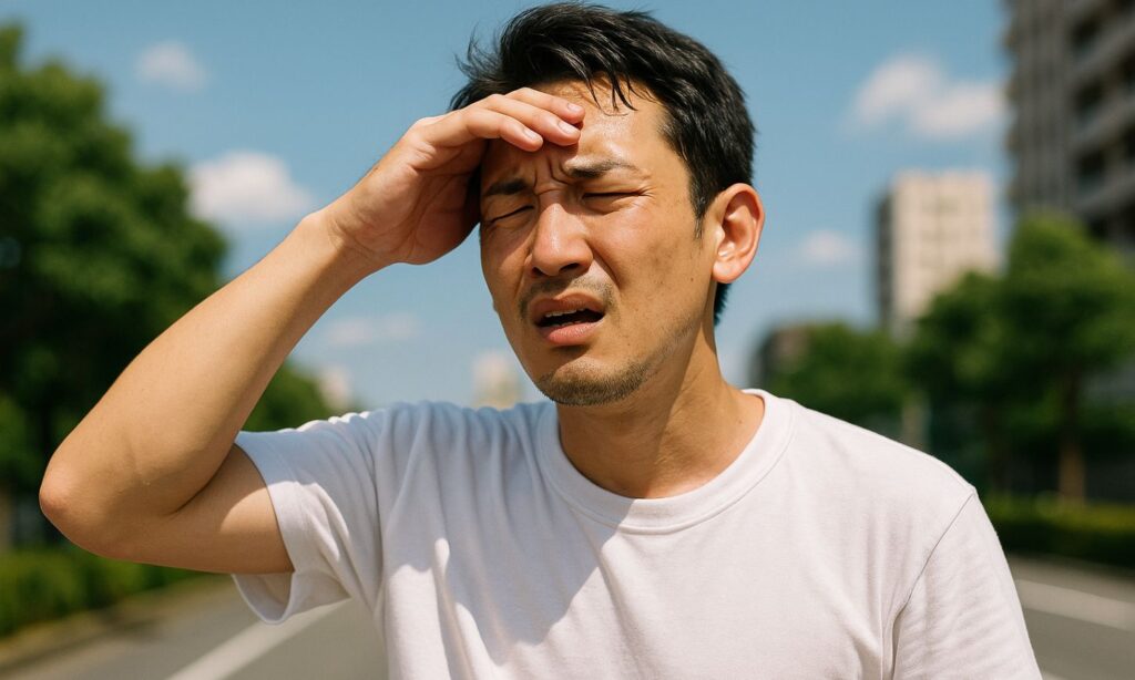 夏の日差しを暑そうにしている男性