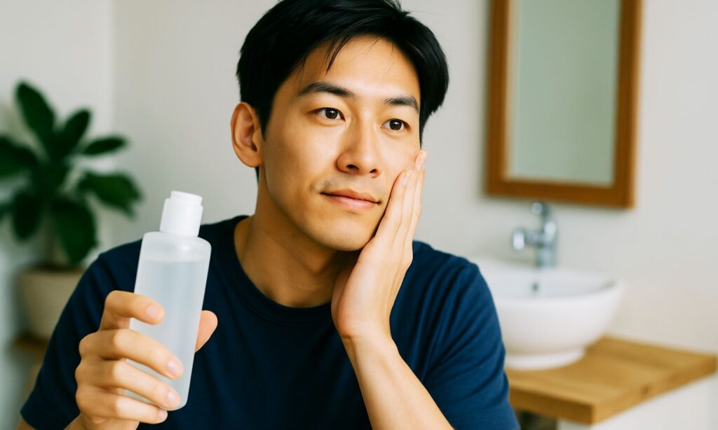 写真:ヒゲ脱毛後に保湿ケアしている男性