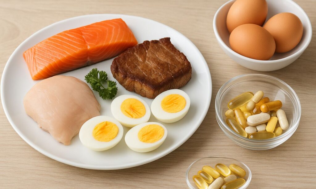 栄養バランスを意識する：タンパク質（肉、魚、卵）、ルチビタミン＆ミネラルのサプリで補助