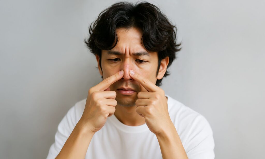 指で鼻を押して皮脂を無理やり出している写真