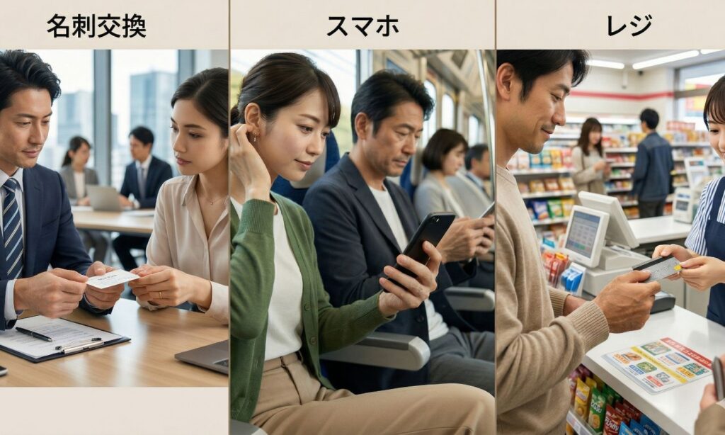 名刺交換・スマホ・レジで見られている