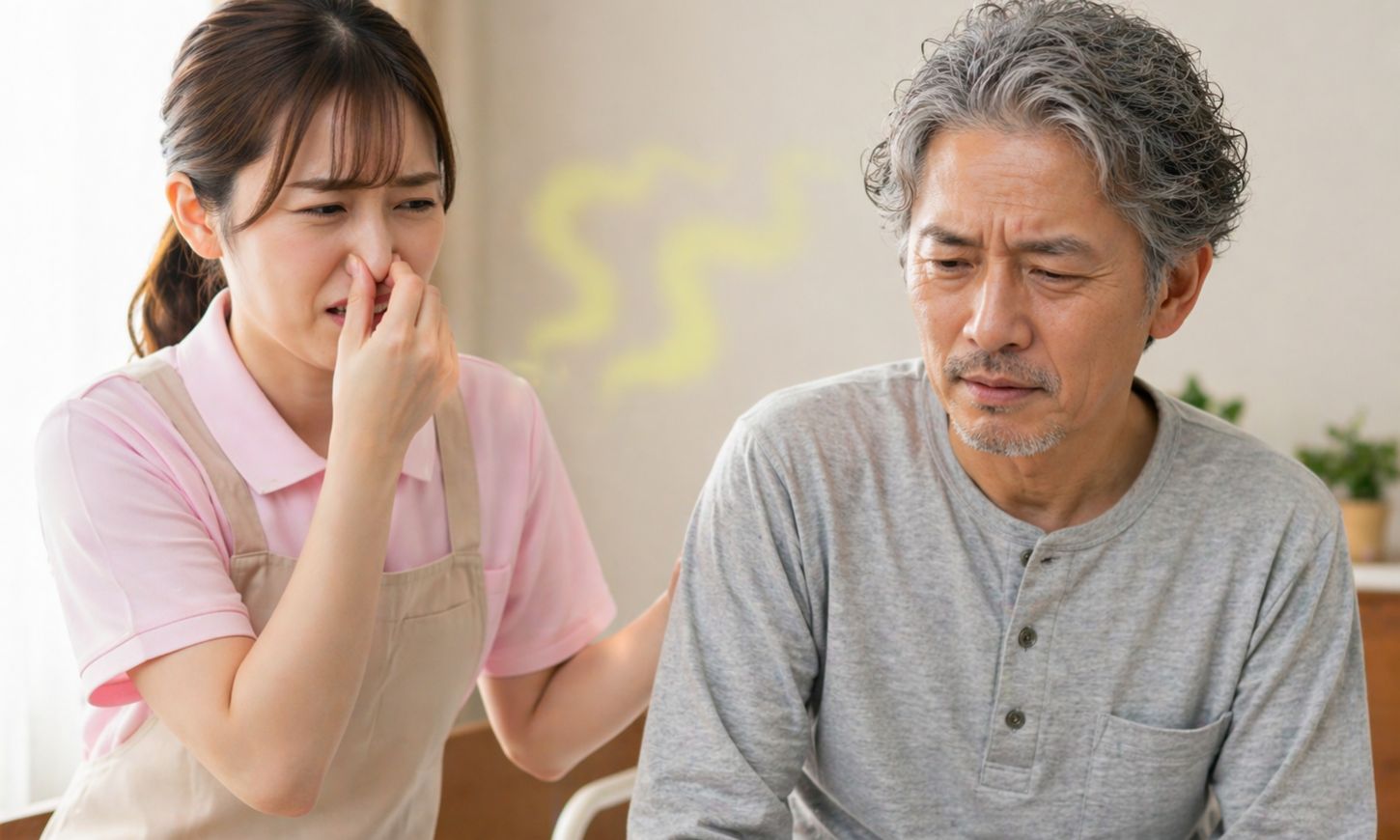 介護している女性が、男性の悪臭で苦しんでいる様子